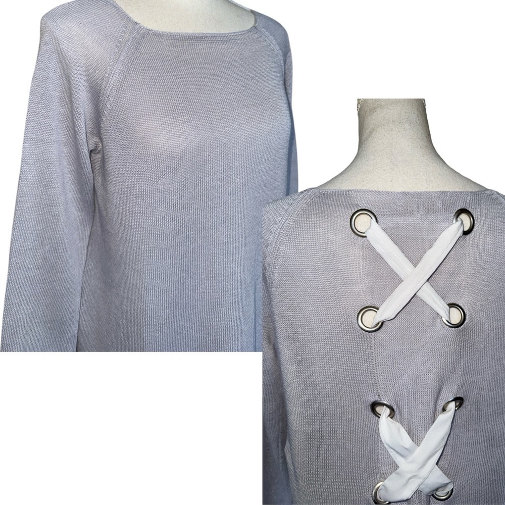 Lisa Todd Gray Linen Lace-Up Back Sweater Sz M
